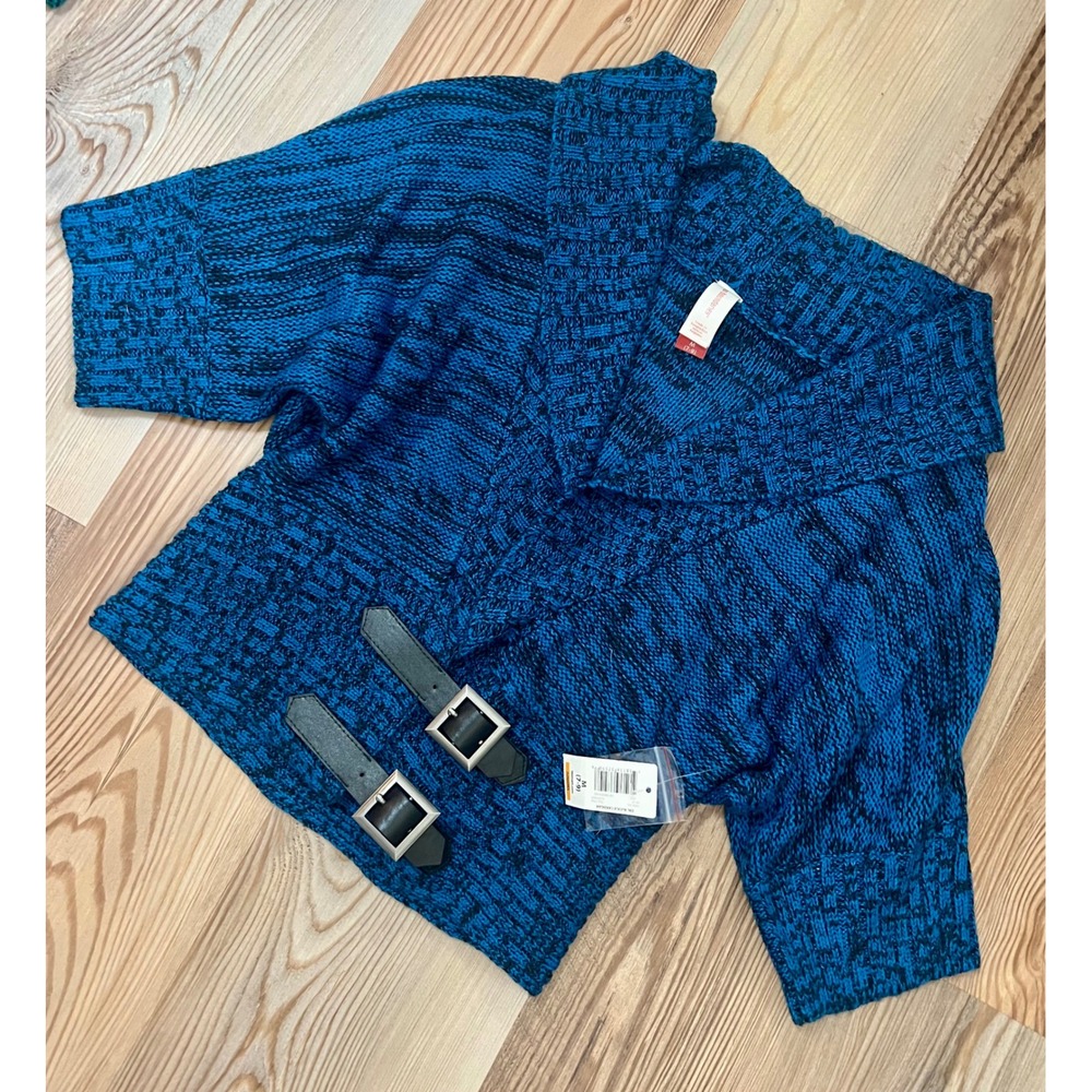 No Boundaries Blue Double Buckle Waist Mock Neck Cardigan Sweater NWT Medium